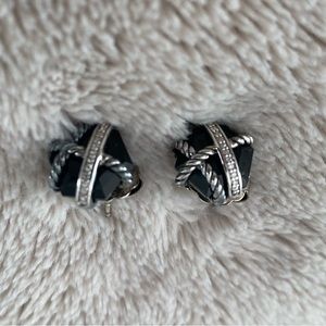 David Yurman Sterling Silver stud Earrings with Diamonds and Onyx